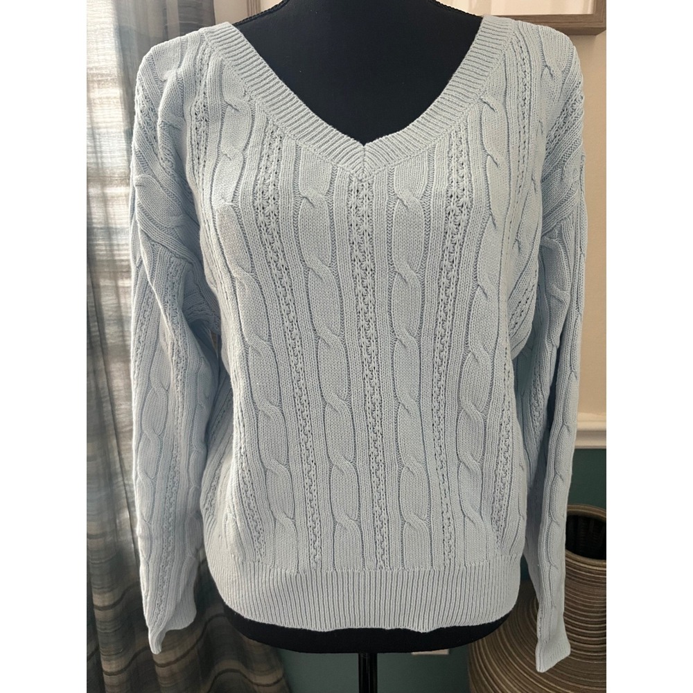 Nordstrom BP Cable Knit V-Neck Sweater Light Blue Ivory Satin Bow Back NEW